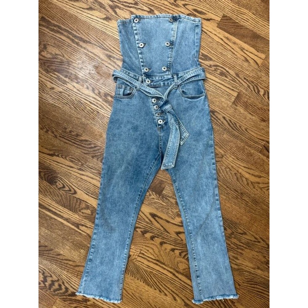 Kittenish Denim Strapless Jumpsuit XS Blue Jean Tie Waist